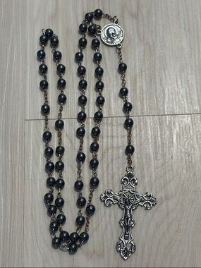 Antique Black Bead St. Padre Pio Rosary with Detailed Crucifix
